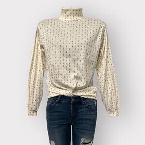 VINTAGE Womens NEW Turtleneck sz M L Single Stitch Long Sleeved Floral Top White